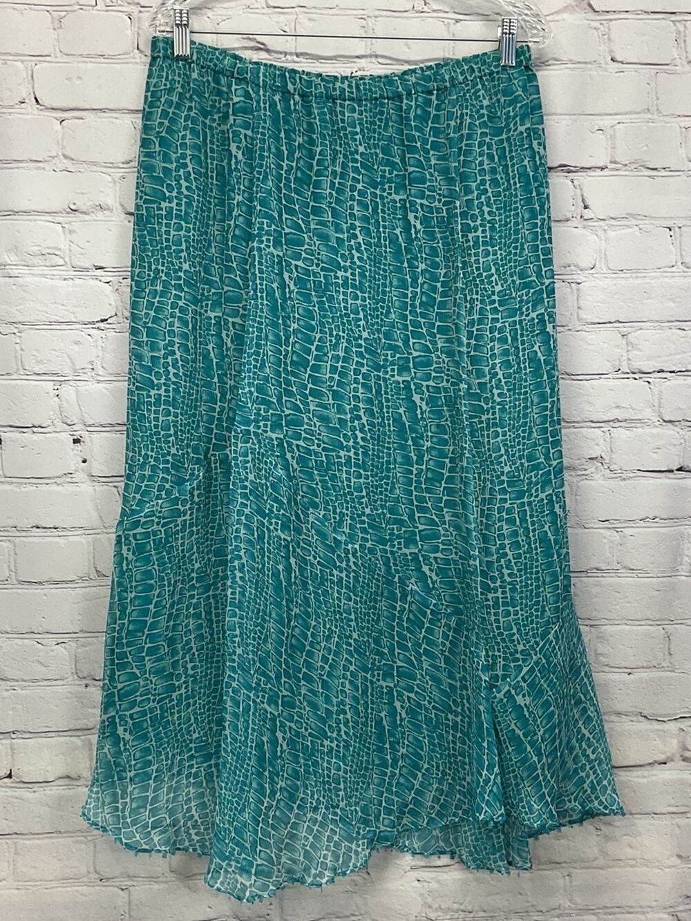 Bob Mackie Midi Skirt Women's Size 12 Teal 100% Silk Reptile Print Lined Flowy